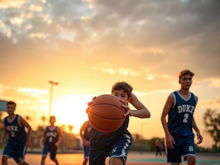 A mid-game action shot of Trip Krzyzewski in a Duke Blue Devils uniform, wearing the number 30, dribbling the basketball on t