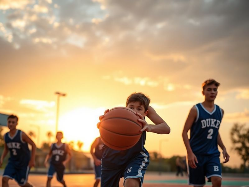 A mid-game action shot of Trip Krzyzewski in a Duke Blue Devils uniform, wearing the number 30, dribbling the basketball on t