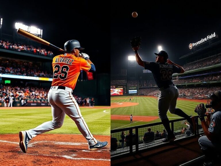 A split-screen image of the Houston Astros and Cleveland Guardians in action, featuring Yordan Alvarez mid-swing for Houston