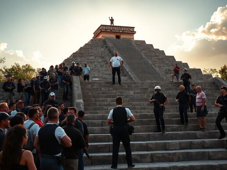 A wide-angle shot of the Teotihuacán pyramids with police tape cordoning off an area near the Pyramid of the Sun. The scene i