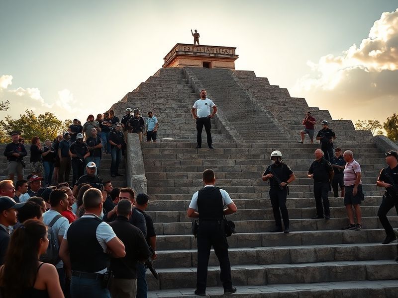 A wide-angle shot of the Teotihuacán pyramids with police tape cordoning off an area near the Pyramid of the Sun. The scene i