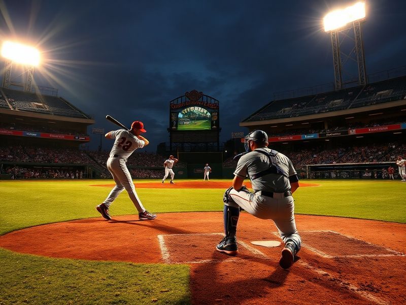 A split-image visual showing the Reds' Great American Ball Park on the left and Tropicana Field on the right, with a baseball