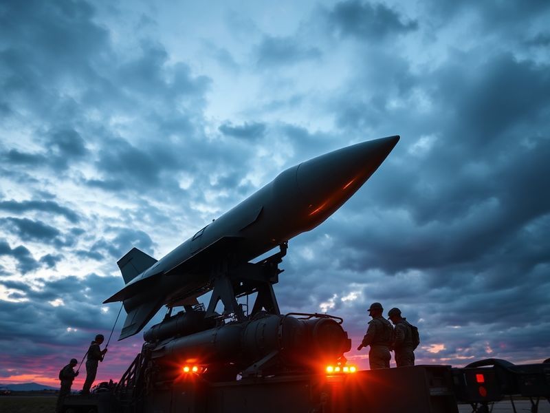 A high-tech military display featuring a modern ICBM on a launch platform, set against a moody industrial backdrop with red w