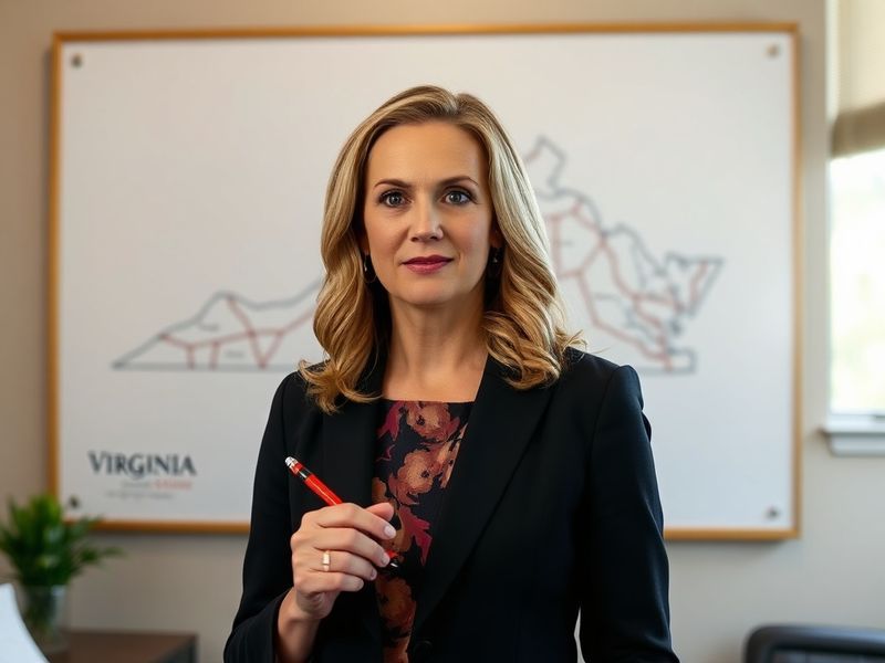 A split-image visual showing Abigail Spanberger speaking at a podium on one side and a Virginia state map with redrawn congre