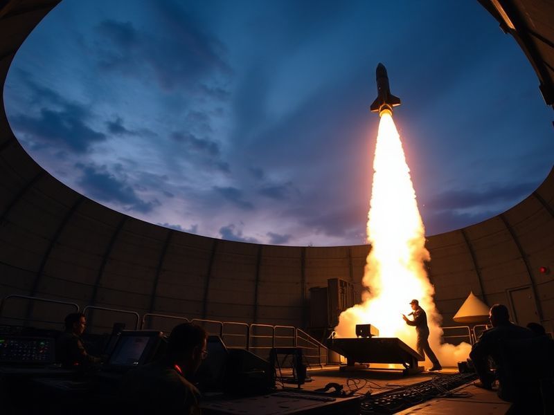 A split-screen image showing a V-2 rocket launch (left) and a modern ICBM silo (right), with a missile in flight against a ni