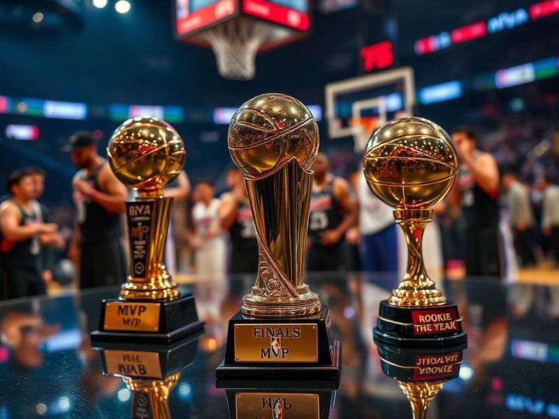 A dynamic NBA Awards stage with players, trophies, and confetti, highlighting the celebratory atmosphere and the league's top