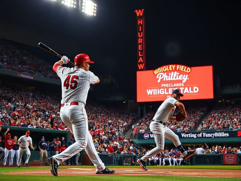 A split-screen image showing Philadelphia Phillies players celebrating a win alongside Chicago Cubs players mid-game, with Ci