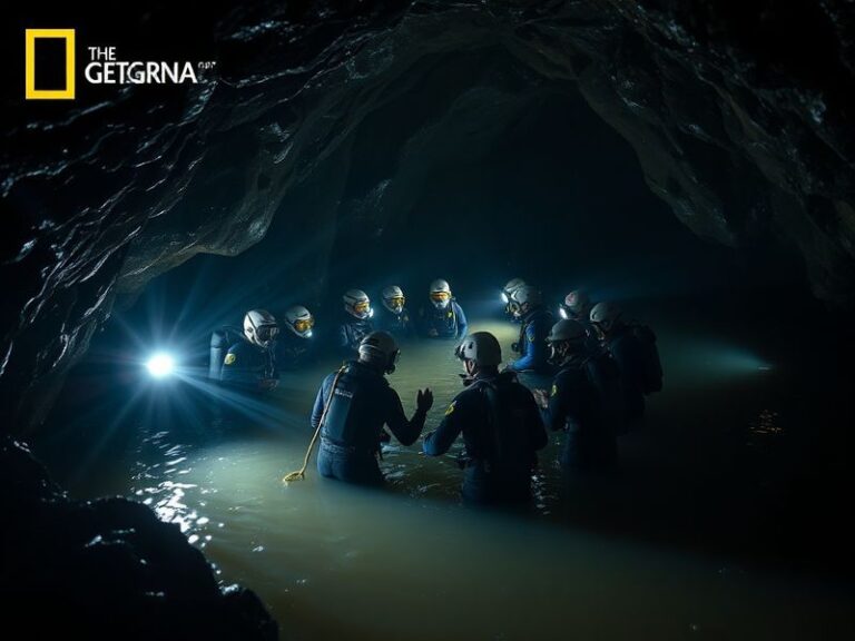A dramatic underwater shot of a cave diver guiding one of the Wild Boars team members through a flooded tunnel, with faint su