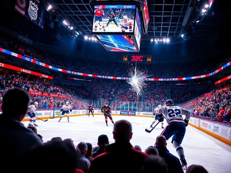 A split-screen image of two intense NHL games: the Boston Bruins vs. Toronto Maple Leafs with players battling for the puck,