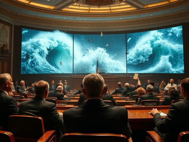 A split-image visual: On the left, a senator speaking at a podium with hurricane damage in the background. On the right, a po