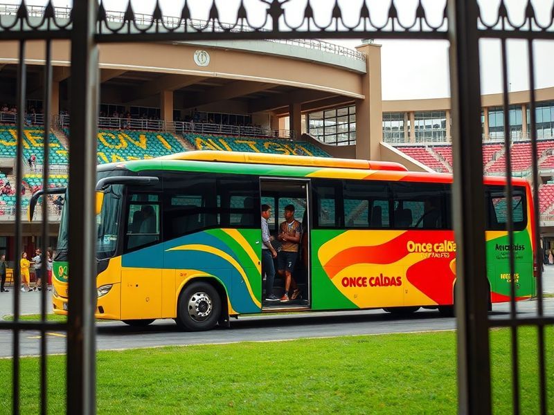 A vibrant scene at Estadio Palogrande in Manizales during a match between Once Caldas and Internacional de Bogotá, showing pl