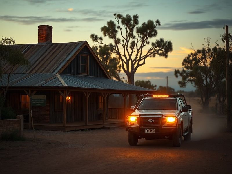 A scenic shot of a rustic cabin nestled in the dense forests of Nova Scotia during golden hour, with a winding dirt road lead