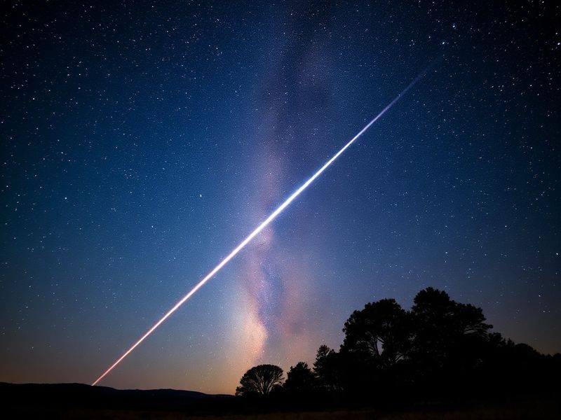 A night sky scene showing multiple bright meteors streaking across the sky near the constellation Lyra, with the Milky Way vi