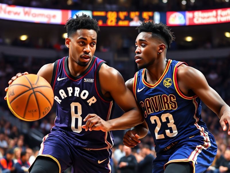 An action shot of a Toronto Raptors player (Pascal Siakam) and a Cleveland Cavaliers player (Darius Garland) competing in a g
