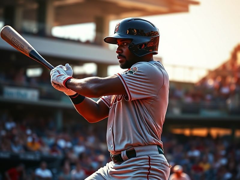 Ronald Acuña Jr. in a Braves uniform mid-swing at Truist Park, bat blurred in motion, crowd blurred in background, golden eve