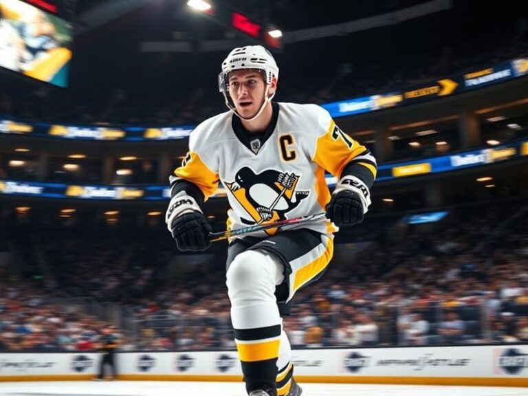 Evgeni Malkin in action during a Penguins game, wearing a white jersey with black and gold accents, mid-skate with a focused