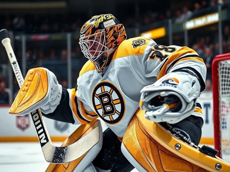 A dynamic action shot of Dan Vladar in full hockey gear, mid-save in a game, showcasing his focus and athleticism. The backgr