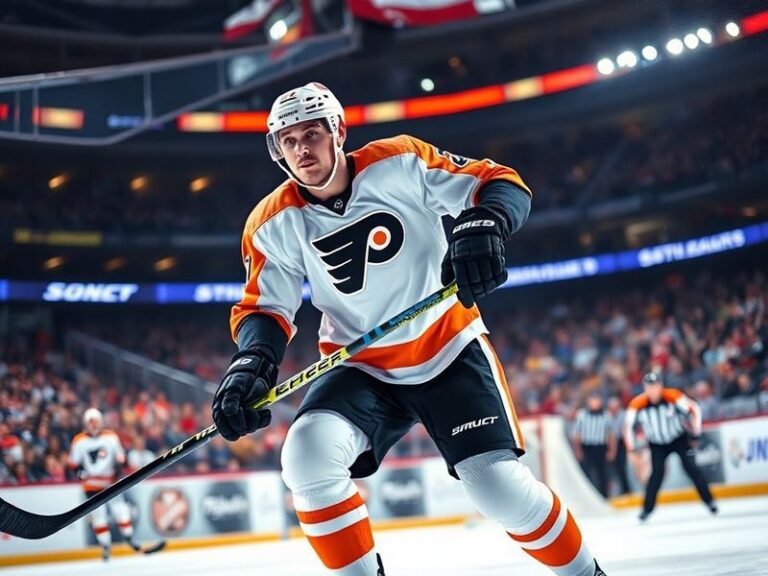 A focused action shot of Sean Couturier during a game, wearing the Philadelphia Flyers jersey, skating with intensity in the