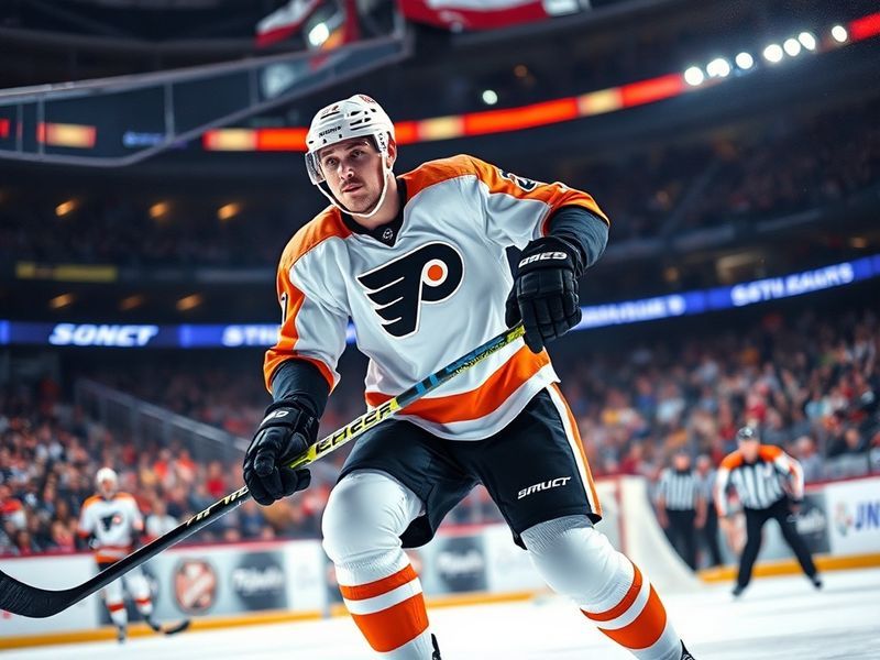 A focused action shot of Sean Couturier during a game, wearing the Philadelphia Flyers jersey, skating with intensity in the