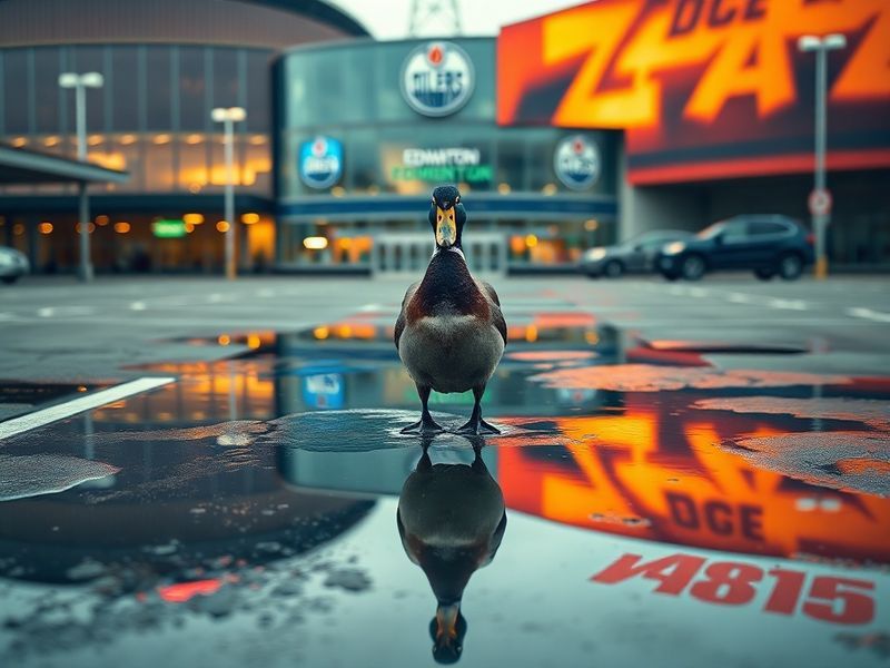 A split-screen image of a high-speed Ducks vs Oilers game, with Connor McDavid in Oilers blue on one side and a Ducks defense