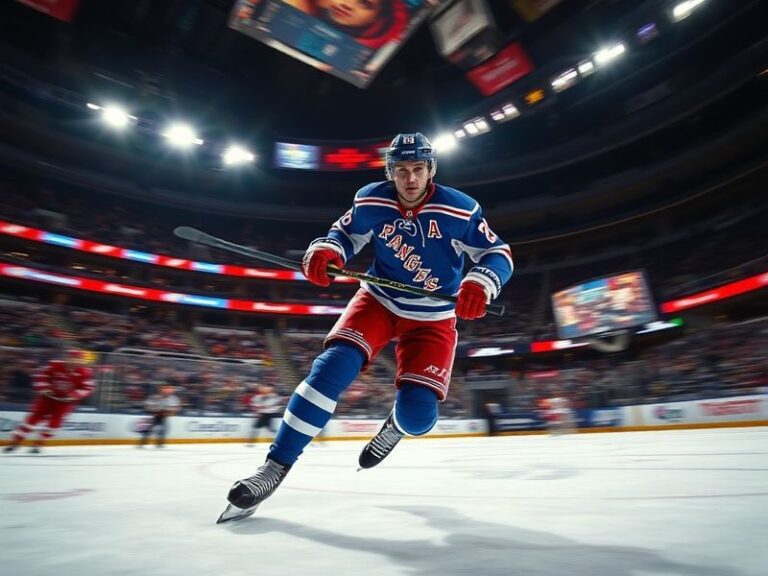 A dynamic action shot of Mats Zuccarello in a Minnesota Wild jersey, mid-stride on the ice with a focused expression, showcas