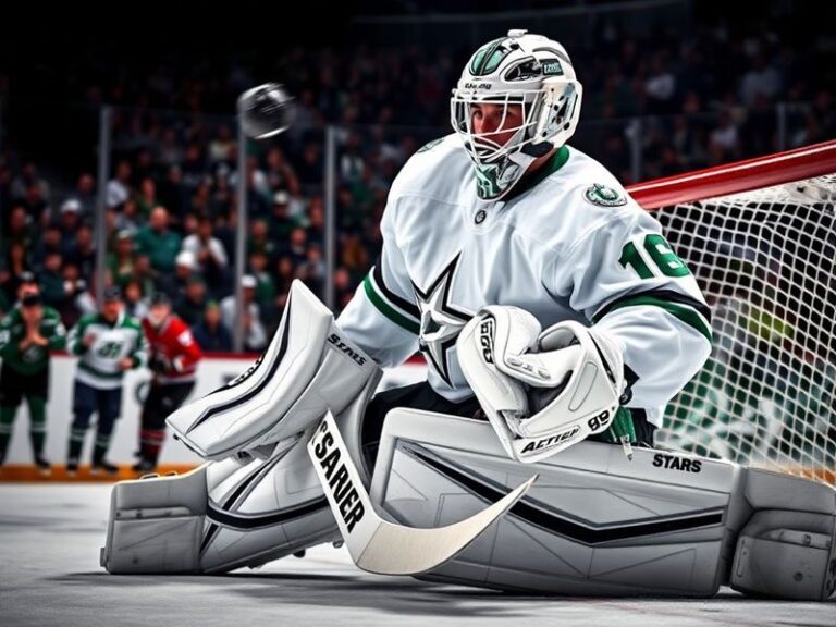A dynamic action shot of Jake Oettinger in full Dallas Stars gear, mid-glide in the crease during a game, with the American f