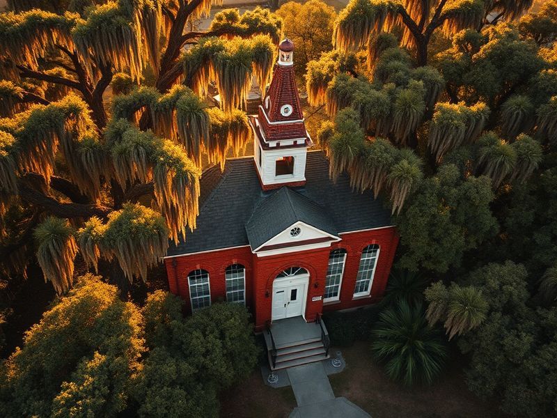 A sun-dappled view of an old wooden church with peeling paint and a rusted steeple, surrounded by overgrown grass and a chain