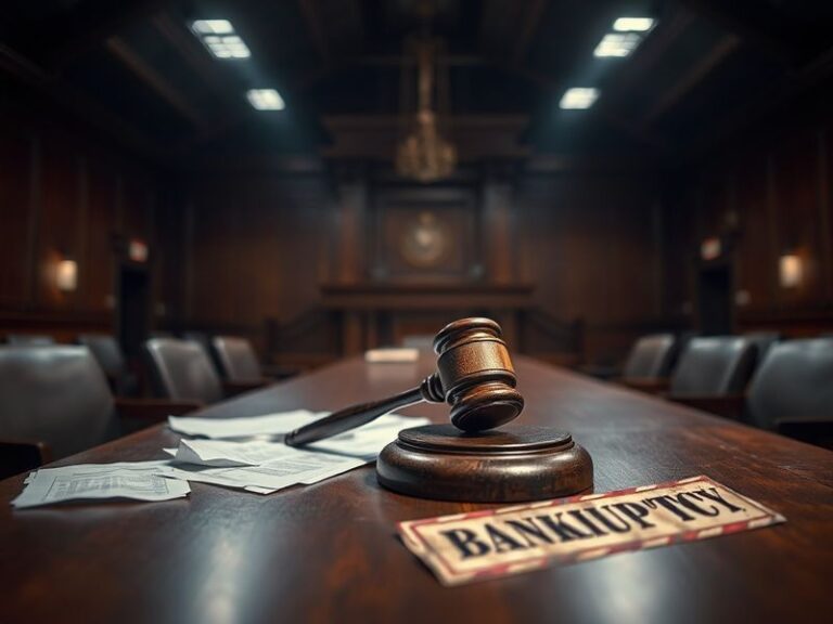 A split-image illustration showing a courtroom gavel and scales of justice on one side, with a city skyline and broken chain