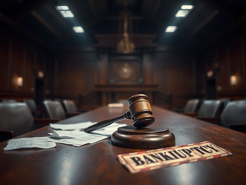 A split-image illustration showing a courtroom gavel and scales of justice on one side, with a city skyline and broken chain