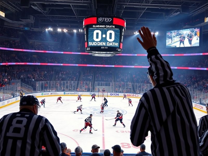 A split-screen image showing a tense NHL playoff overtime scene: one side frozen in anticipation after a goal is scored, the