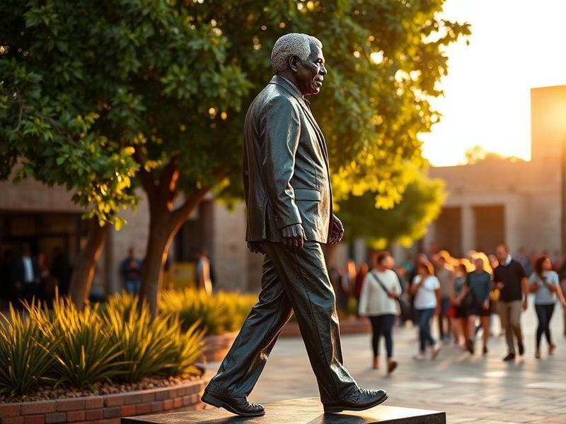 A dignified black-and-white photograph of Nelson Mandela smiling warmly during a public address, wearing a traditional South