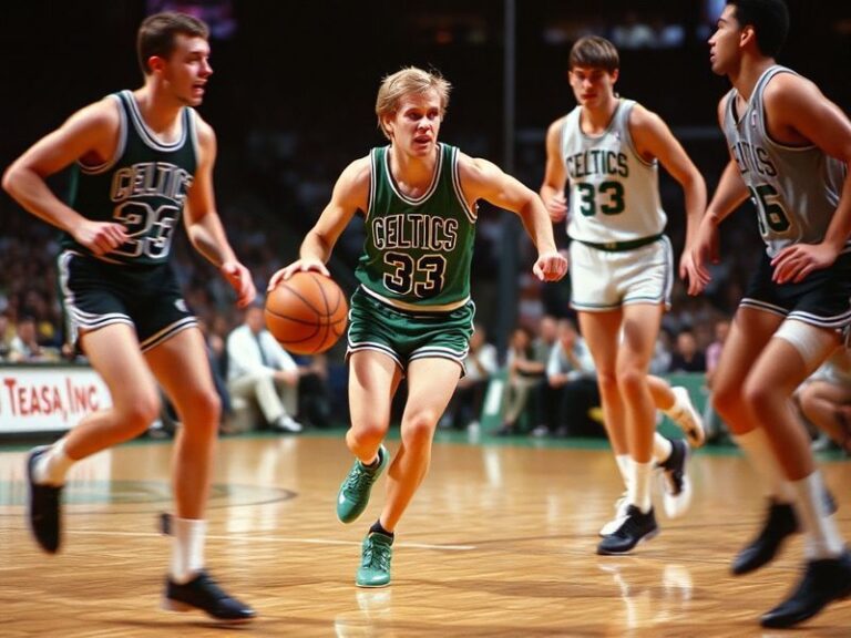 A dynamic action shot of Larry Bird in a Boston Celtics uniform during a game, mid-shot with intense focus, surrounded by opp