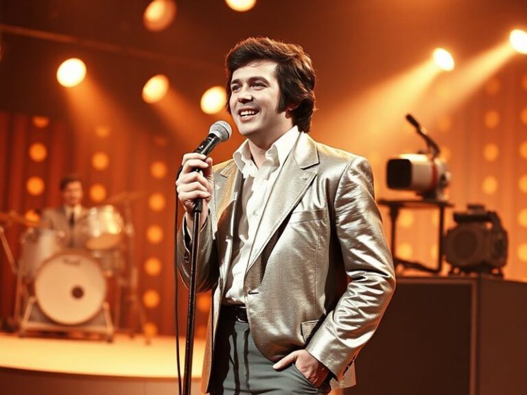 A mid-1970s promotional photo of Alan Osmond with the Osmonds, dressed in coordinated suits, performing on stage with a micro