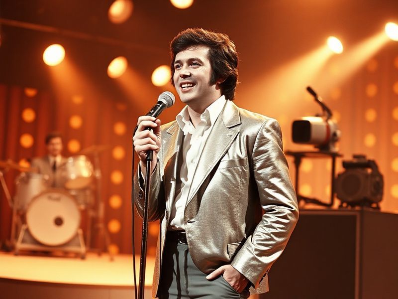 A mid-1970s promotional photo of Alan Osmond with the Osmonds, dressed in coordinated suits, performing on stage with a micro