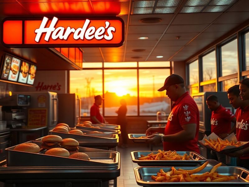 A vibrant retro-style diner scene featuring a classic Hardee's Thickburger, golden fries, and a thick shake, with a neon sign