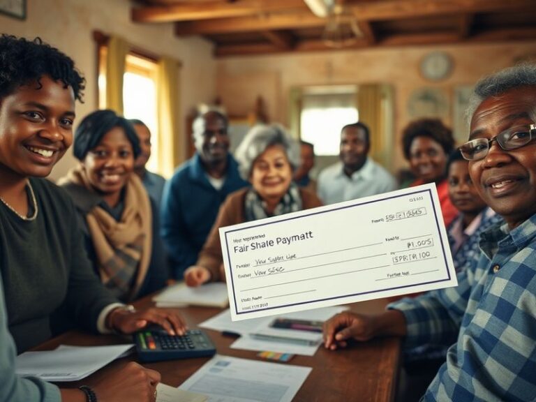 A diverse group of people gathered in a community center, with one person holding a tablet displaying a financial dashboard.