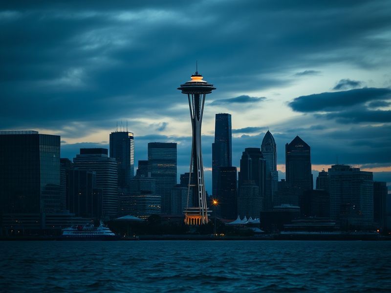 A vibrant cityscape of Seattle at dusk, featuring the Space Needle, Puget Sound, and Mount Rainier in the background. The sce