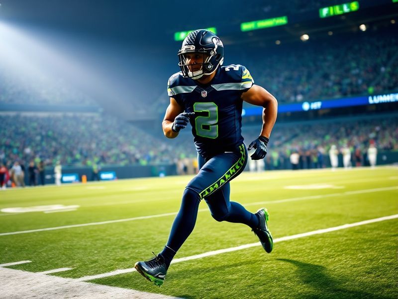 A dynamic action shot of the Seattle Seahawks playing at Lumen Field, with the iconic blue and green jerseys on display. The