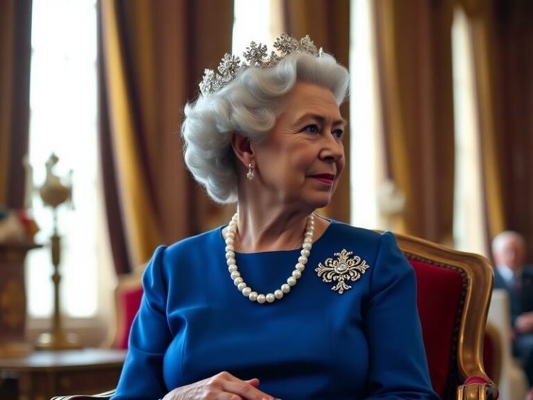 A dignified black-and-white photograph of Queen Elizabeth II in her later years, wearing a headscarf and coat, walking with a