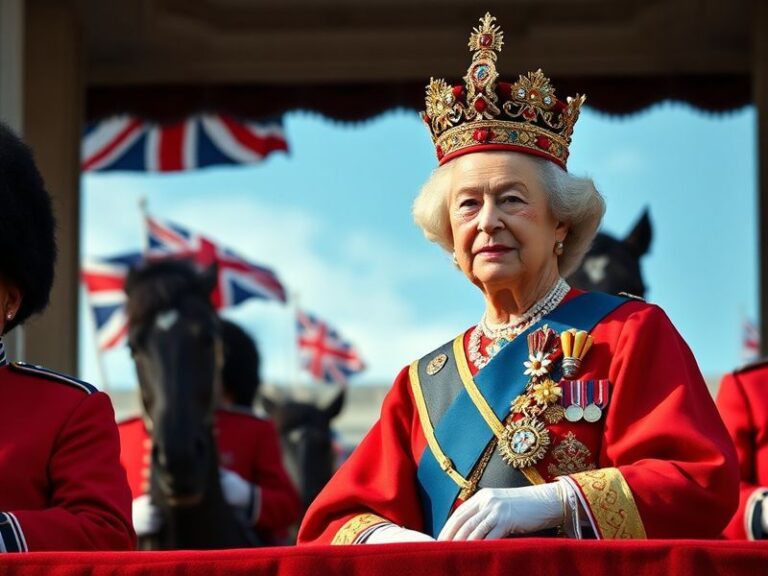 A formal portrait of Queen Elizabeth II in her later years, wearing the Imperial State Crown and royal robes, standing in the