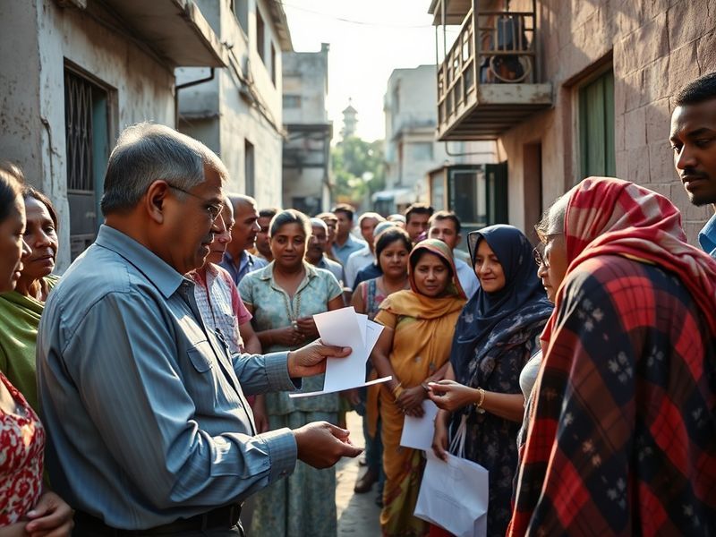A diverse group of people gathered in a community center, receiving digital notifications on their phones representing fairer