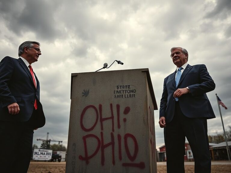 A split-image graphic showing Ohio’s state capitol building on one side and a diverse group of Ohio voters casting ballots on
