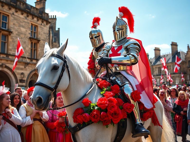 A serene scene of St George’s Cross flag waving gently against a soft English sky, with a medieval church spire in the backgr