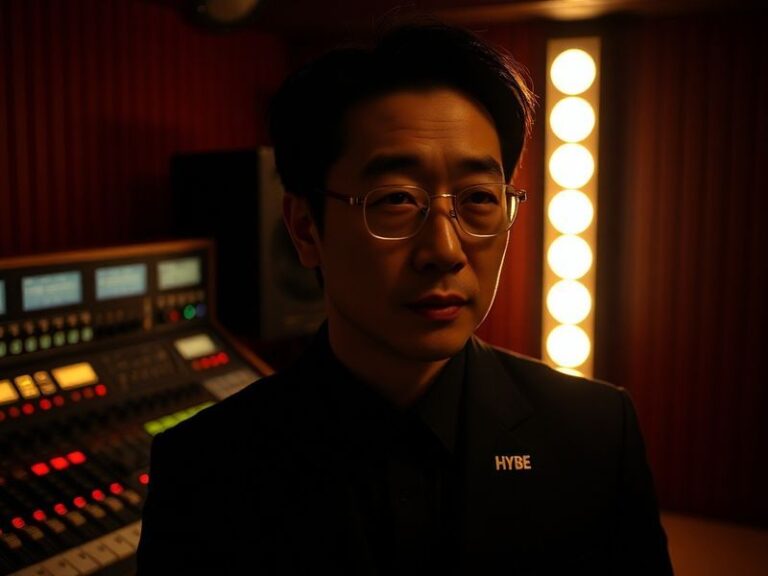 A dynamic shot of Bang Si-Hyuk speaking at a HYBE press conference, with BTS’s music videos playing on screens behind him. Th