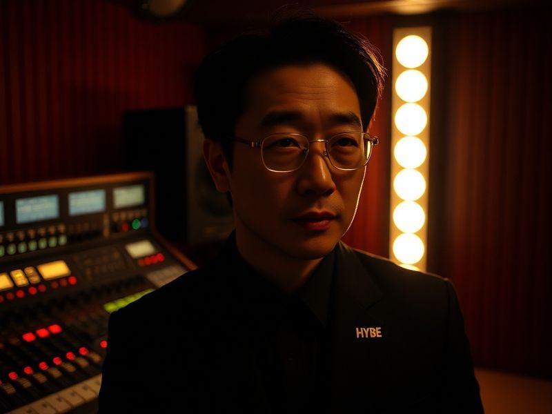 A dynamic shot of Bang Si-Hyuk speaking at a HYBE press conference, with BTS’s music videos playing on screens behind him. Th