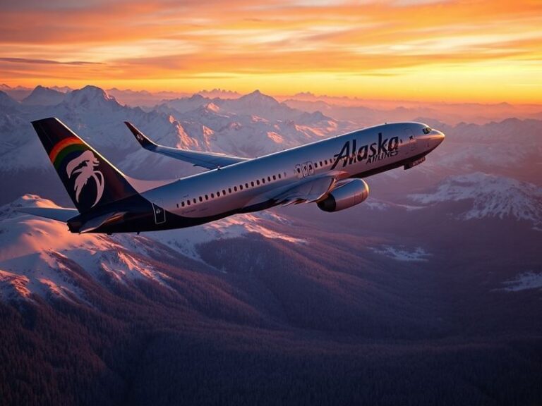 A vintage Alaska Airlines floatplane taking off from a scenic Alaskan lake with snow-capped mountains in the background, capt