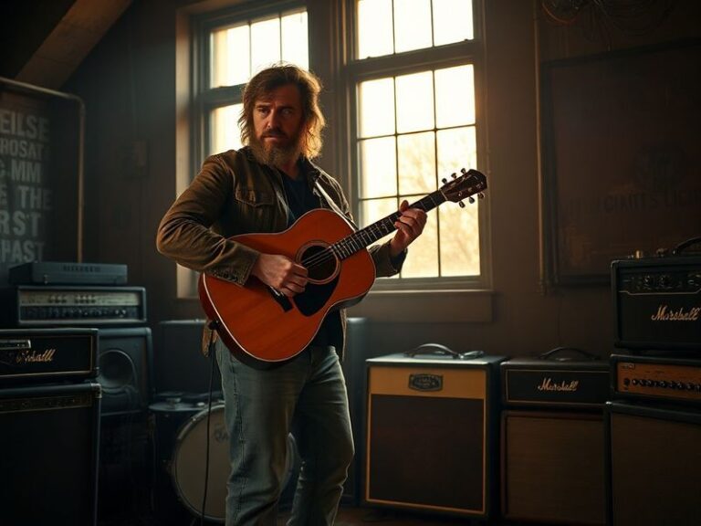 A candid photo of Elijah Blue Allman performing live on stage, wearing a denim jacket and playing an electric guitar, with st