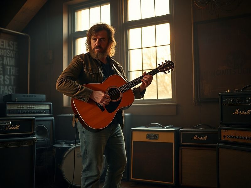 A candid photo of Elijah Blue Allman performing live on stage, wearing a denim jacket and playing an electric guitar, with st