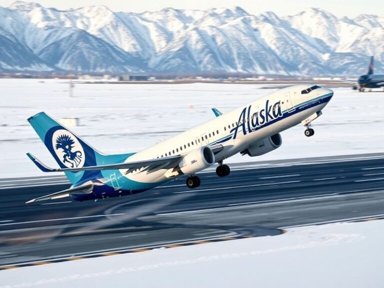A modern Alaska Airlines Boeing 737 MAX aircraft taking off against a snowy mountain backdrop in the Pacific Northwest, with