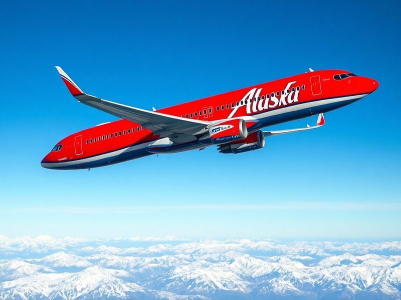 A modern Alaska Airlines aircraft taking off against a backdrop of snow-capped mountains, symbolizing the airline's Pacific N